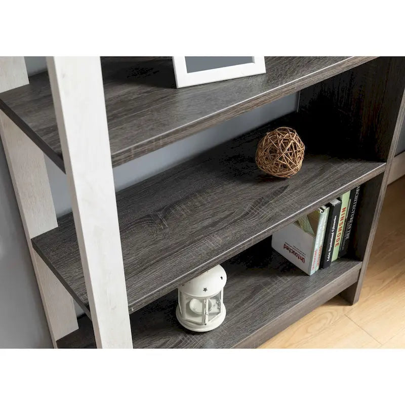 5-Tier Home Display Cabinet, Two-Toned Freestanding Bookcase White Oak & Distressed Grey
