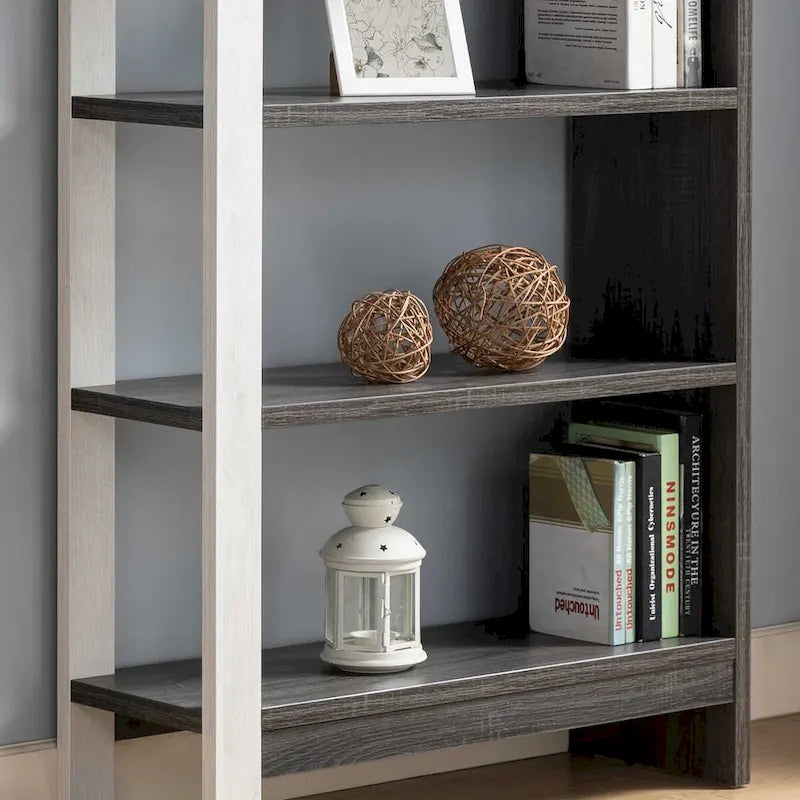 5-Tier Home Display Cabinet, Two-Toned Freestanding Bookcase White Oak & Distressed Grey