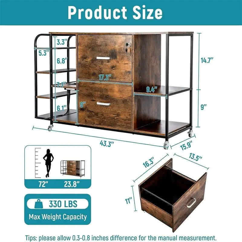 2 Drawer Mobile Filing Cabinet with Outlet - 15.75D x 43.31W x 29.53H