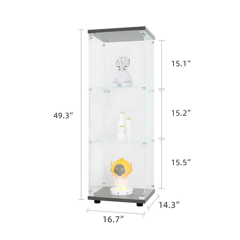 Glass Display Cabinet with 3 Shelves, One-Door Curio Cabinets, Black Floor Standing Glass Bookshelf, Quick Installation
