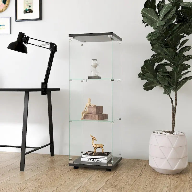 Glass Display Cabinet with 3 Shelves, One-Door Curio Cabinets, Black Floor Standing Glass Bookshelf, Quick Installation