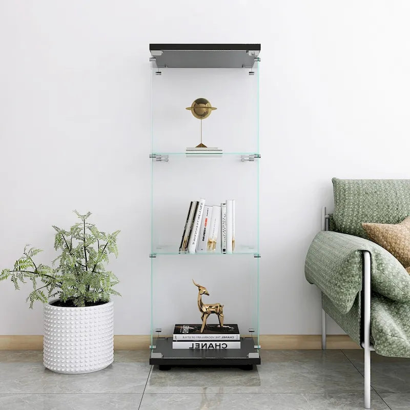Glass Display Cabinet with 3 Shelves, One-Door Curio Cabinets, Black Floor Standing Glass Bookshelf, Quick Installation