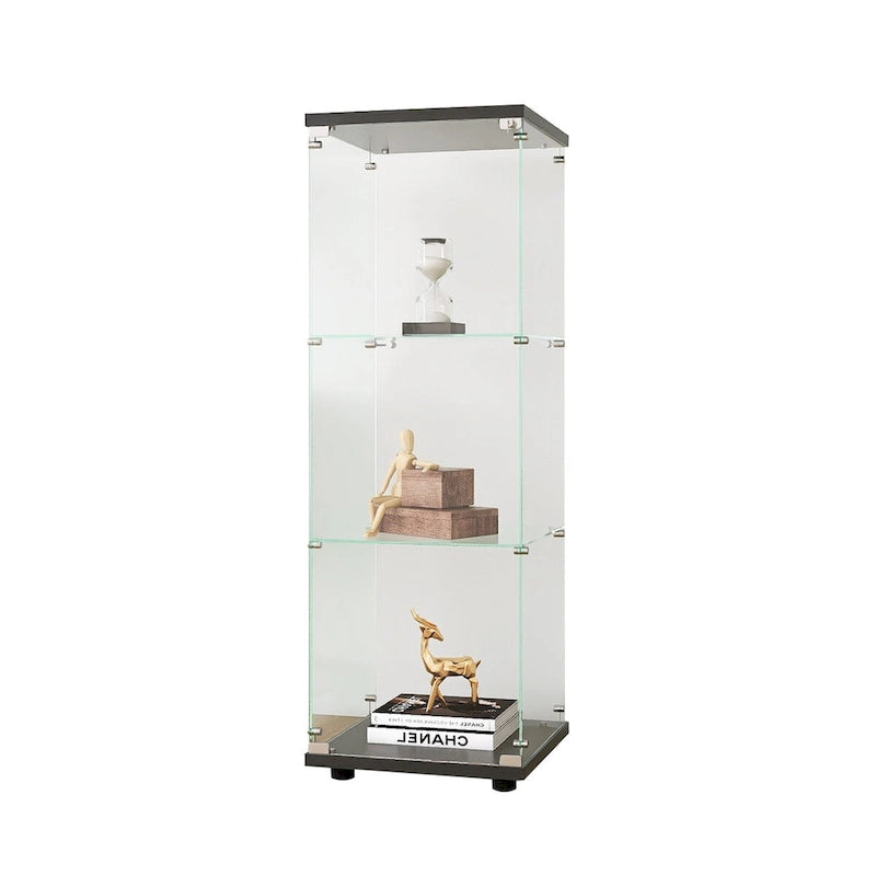 Glass Display Cabinet with 3 Shelves, One-Door Curio Cabinets, Black Floor Standing Glass Bookshelf, Quick Installation