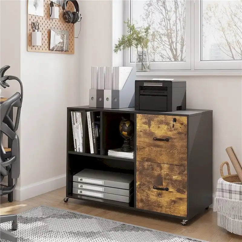 Yaheetech Rolling File Cabinet with 2 Drawers and 2 Open Shelves