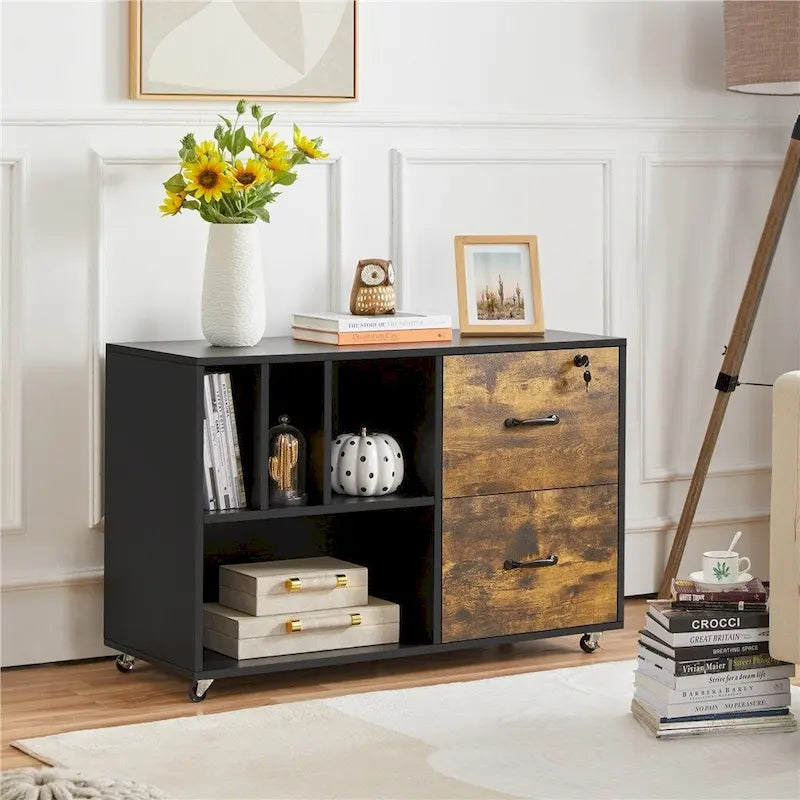 Yaheetech Rolling File Cabinet with 2 Drawers and 2 Open Shelves