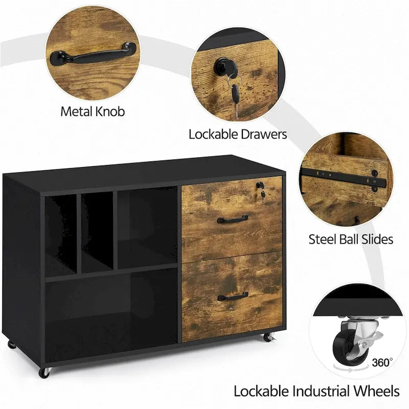 Yaheetech Rolling File Cabinet with 2 Drawers and 2 Open Shelves