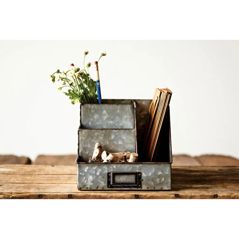 Metal Desk Organizer with 4 Compartments in Galvanized Finish