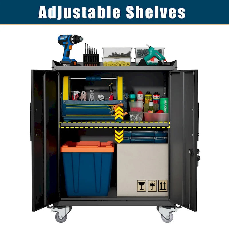 2 Door Tool Cabinets for Garage, Lockable Garage Storage Cabinet, Locking Metal Storage Cabinet with Wheels