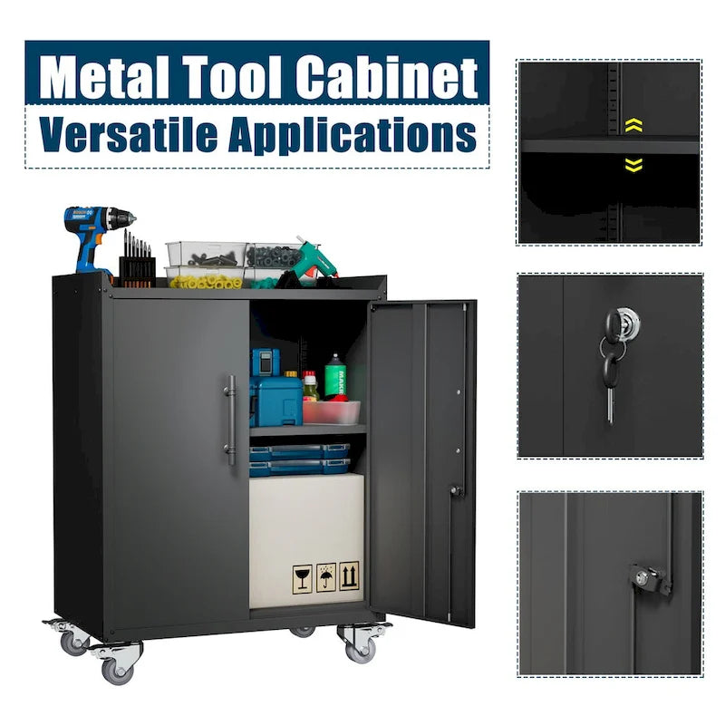 2 Door Tool Cabinets for Garage, Lockable Garage Storage Cabinet, Locking Metal Storage Cabinet with Wheels