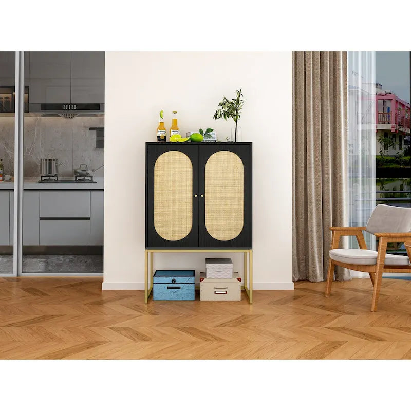 2 Door Cabinet, Rattan 2 Door high cabinet, Built-in adjustable shelf, Easy Assembly, Free Standing Cabinet for Living Room