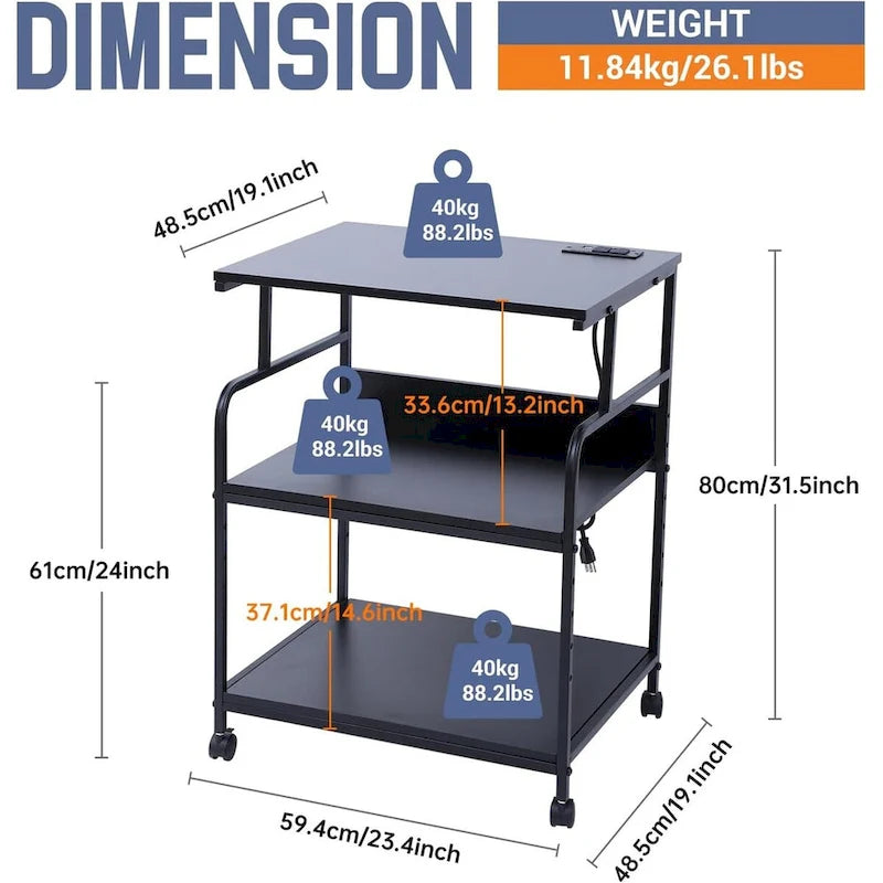 Printer Stand, Large Printer Table, Printer Stand with Storage, Printer Cart, 23.4 x19.1 x 31.5, Power Hub Included