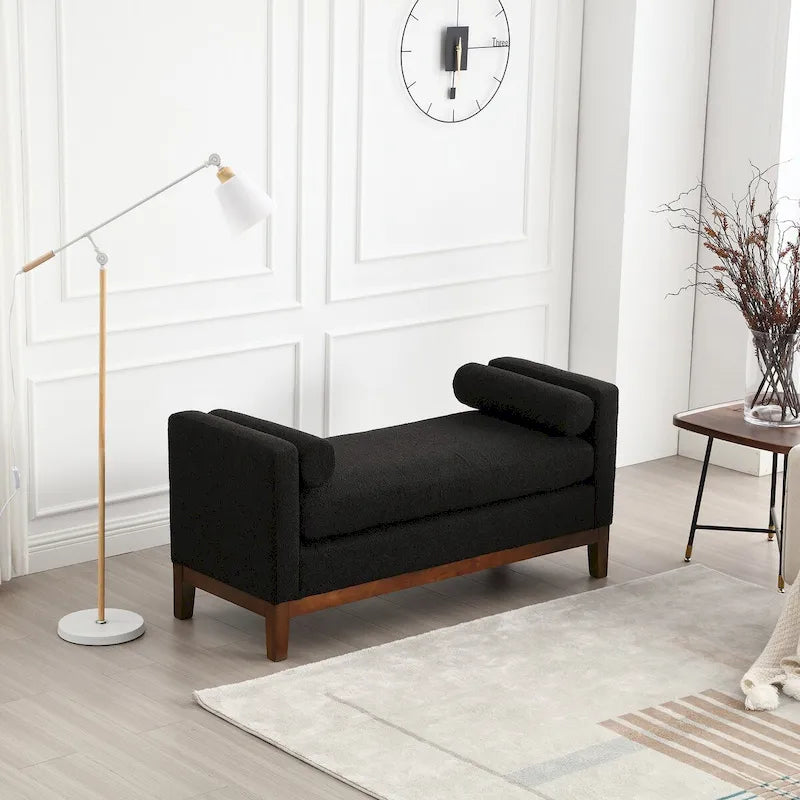 53.5W Elegant Boucle Upholstered Bench, Ottoman with Wood Legs & Bolster Pillows