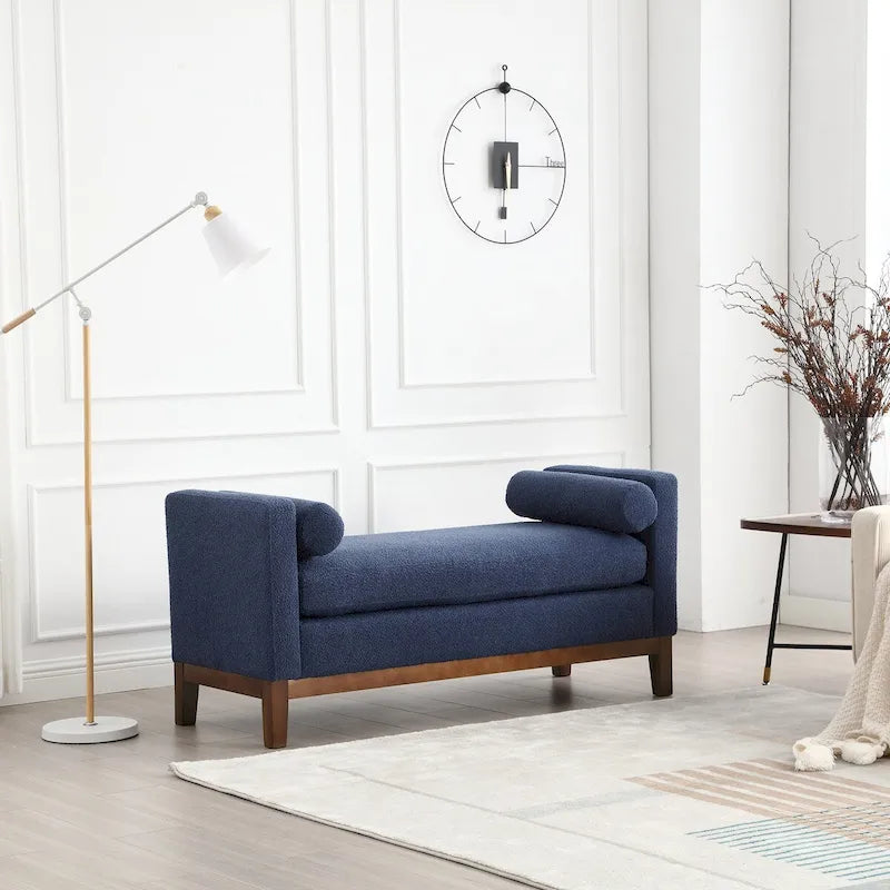 53.5W Elegant Boucle Upholstered Bench, Ottoman with Wood Legs & Bolster Pillows