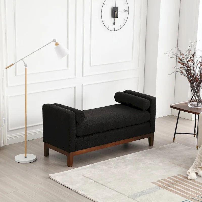 53.5W Elegant Boucle Upholstered Bench, Ottoman with Wood Legs & Bolster Pillows