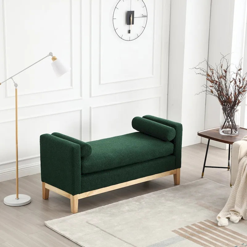 53.5W Elegant Boucle Upholstered Bench, Ottoman with Wood Legs & Bolster Pillows