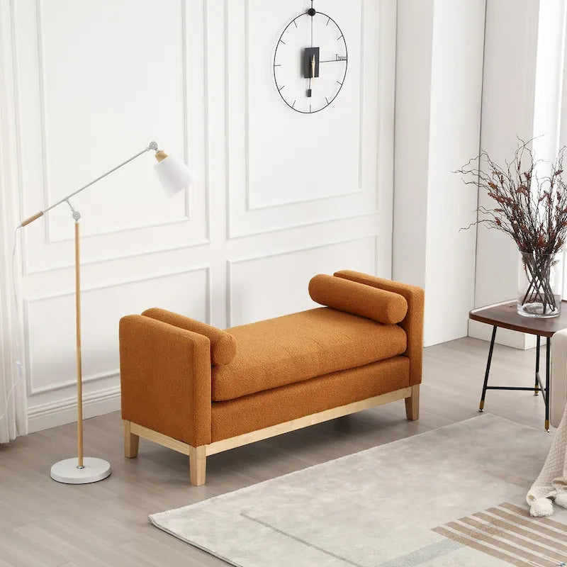 53.5W Elegant Boucle Upholstered Bench, Ottoman with Wood Legs & Bolster Pillows