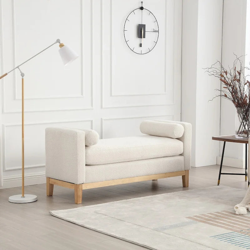 53.5W Elegant Boucle Upholstered Bench, Ottoman with Wood Legs & Bolster Pillows