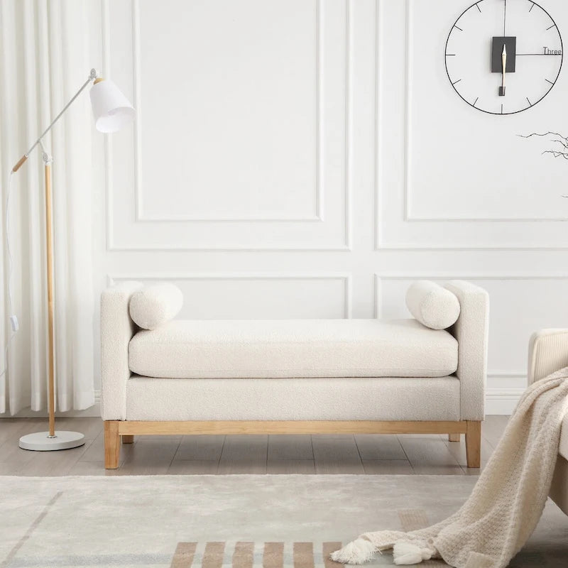 53.5W Elegant Boucle Upholstered Bench, Ottoman with Wood Legs & Bolster Pillows
