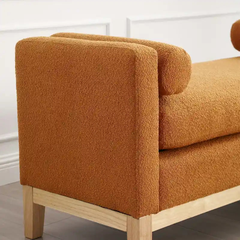 53.5W Elegant Boucle Upholstered Bench, Ottoman with Wood Legs & Bolster Pillows