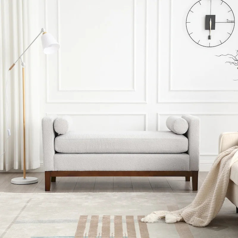 53.5W Elegant Boucle Upholstered Bench, Ottoman with Wood Legs & Bolster Pillows