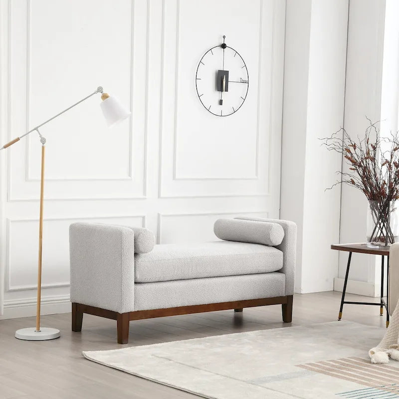 53.5W Elegant Boucle Upholstered Bench, Ottoman with Wood Legs & Bolster Pillows