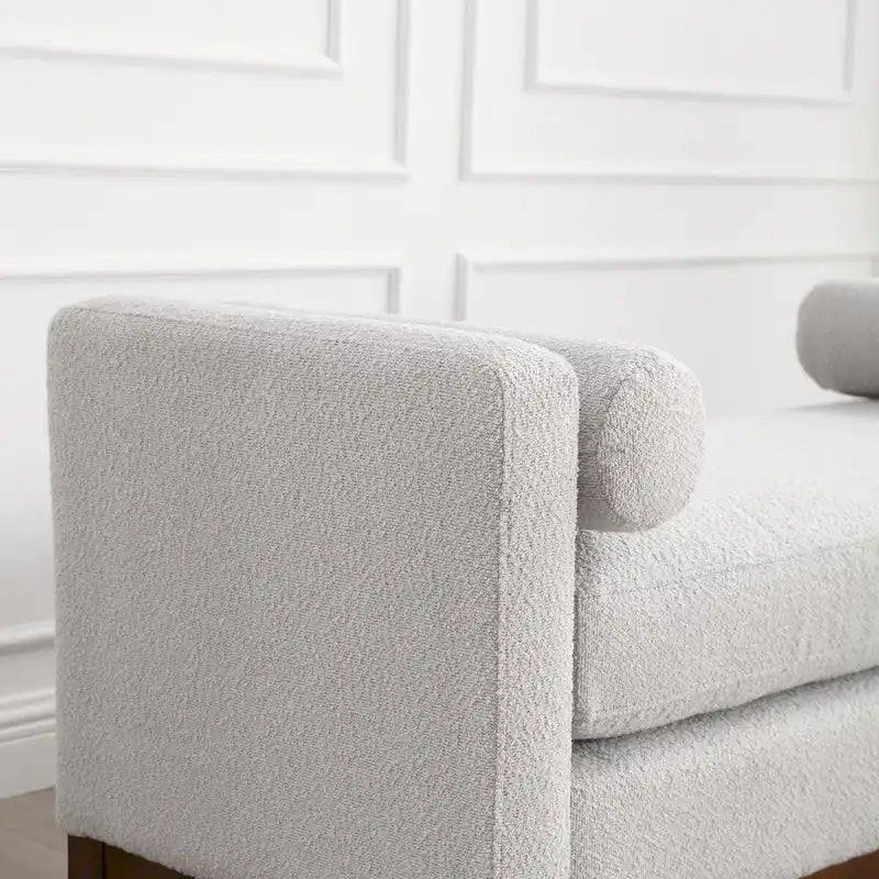 53.5W Elegant Boucle Upholstered Bench, Ottoman with Wood Legs & Bolster Pillows