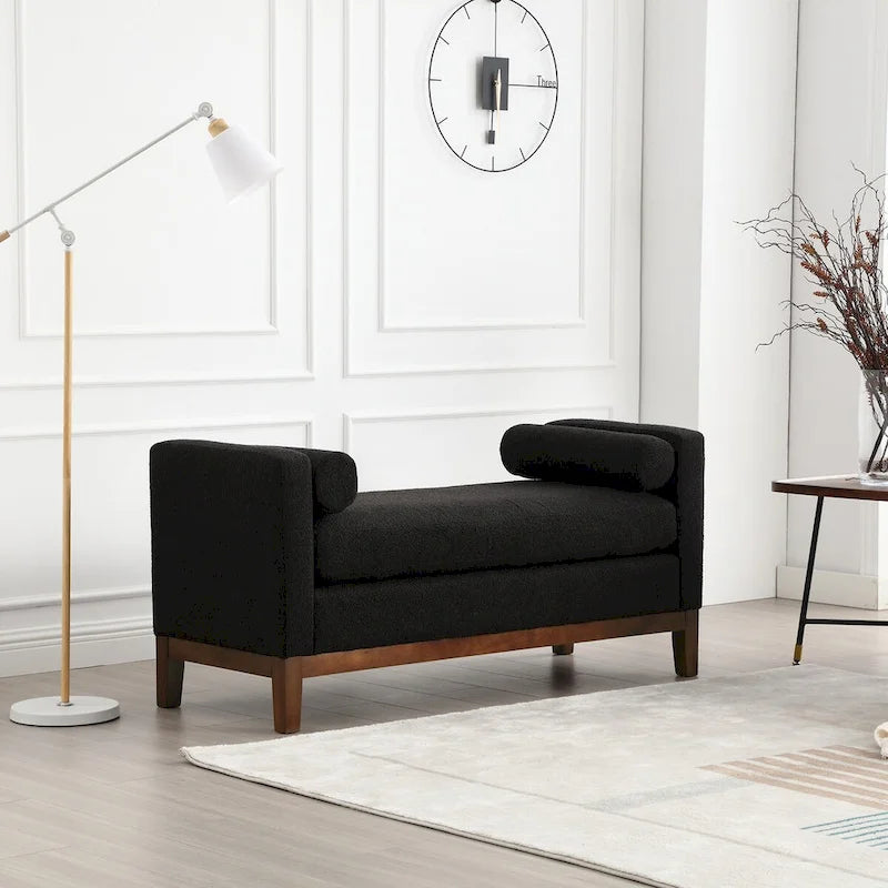 53.5W Elegant Boucle Upholstered Bench, Ottoman with Wood Legs & Bolster Pillows