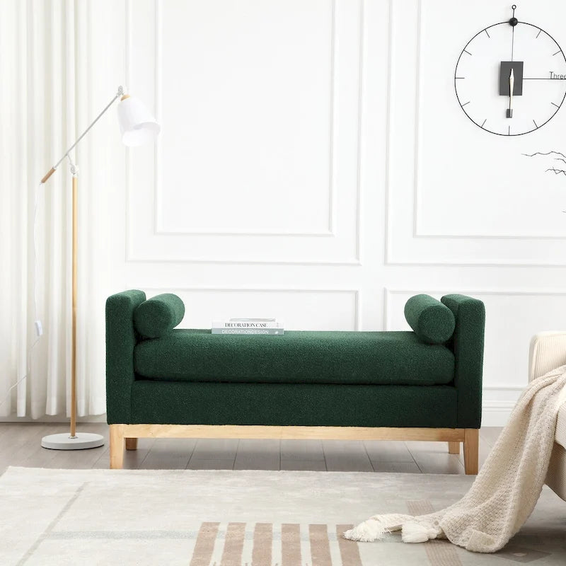 53.5W Elegant Boucle Upholstered Bench, Ottoman with Wood Legs & Bolster Pillows