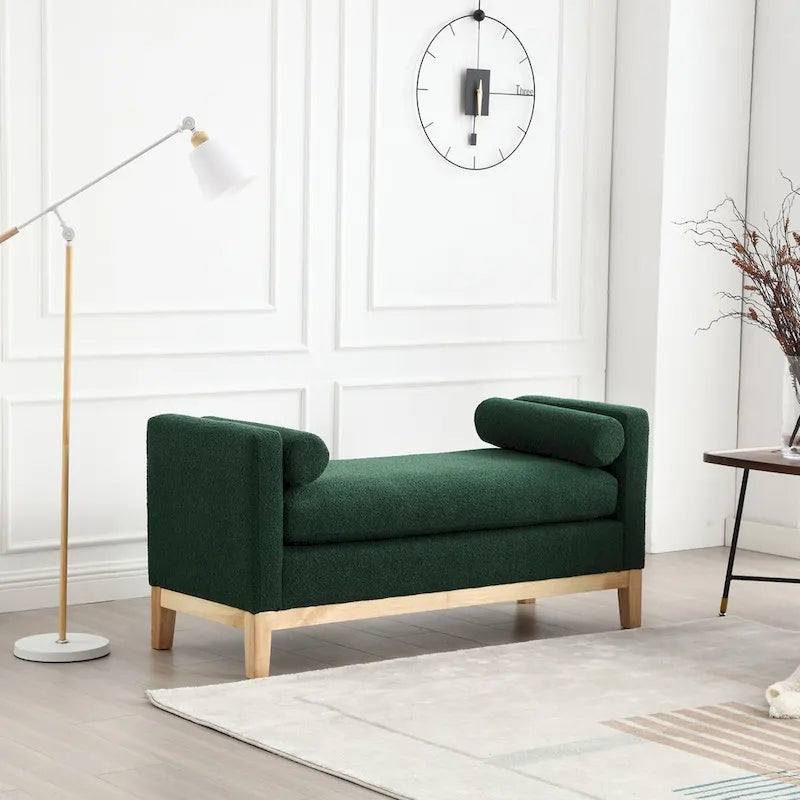 53.5W Elegant Boucle Upholstered Bench, Ottoman with Wood Legs & Bolster Pillows