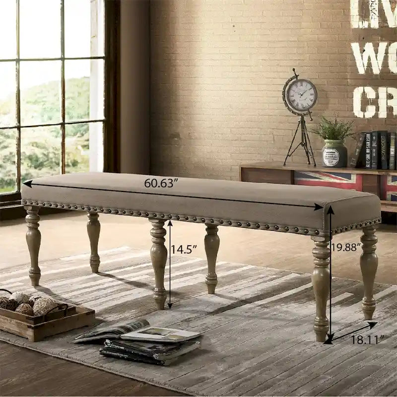 Upholstered Bench with Nail Head Trim and Wood Legs