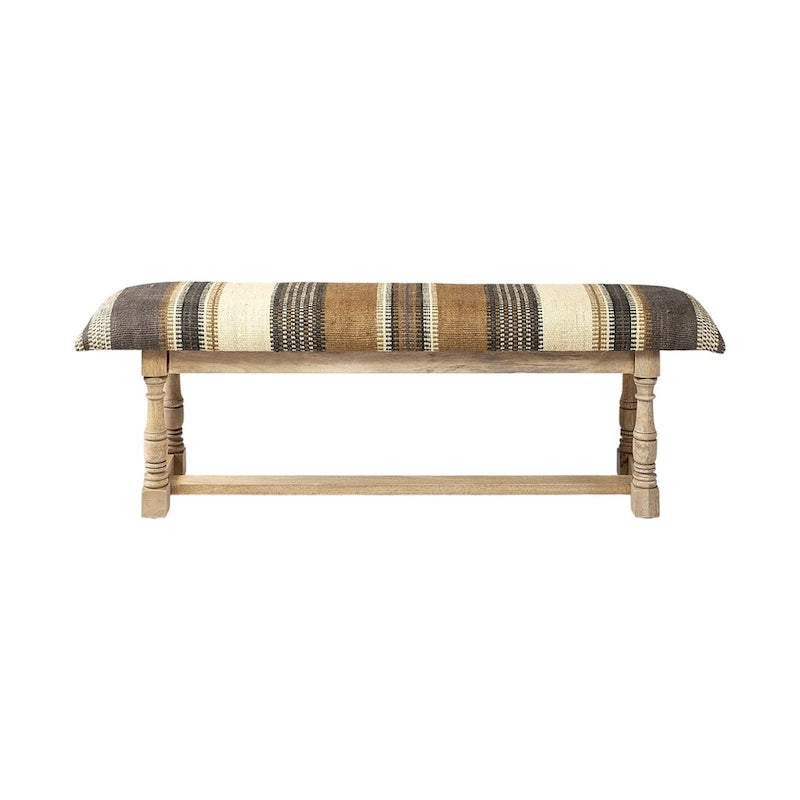 HomeRoots 59 Beige and Gray and Brown Upholstered Jute Striped Bench - 59