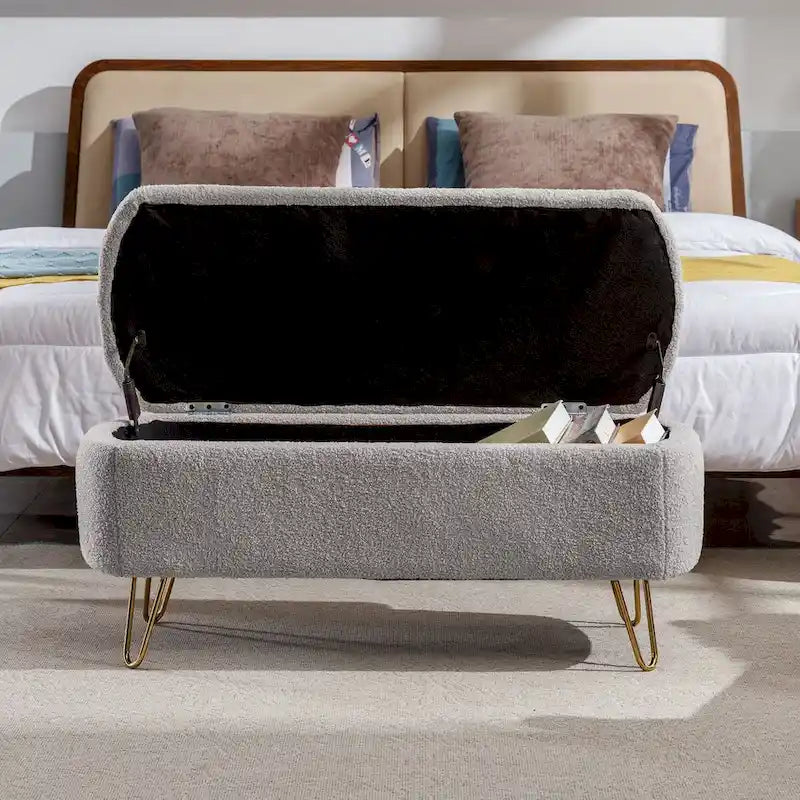 Grey Storage Ottoman Bench for End of Bed Gold Legs, Modern Grey Faux Fur Entryway Bench Upholstered Padded with Storage