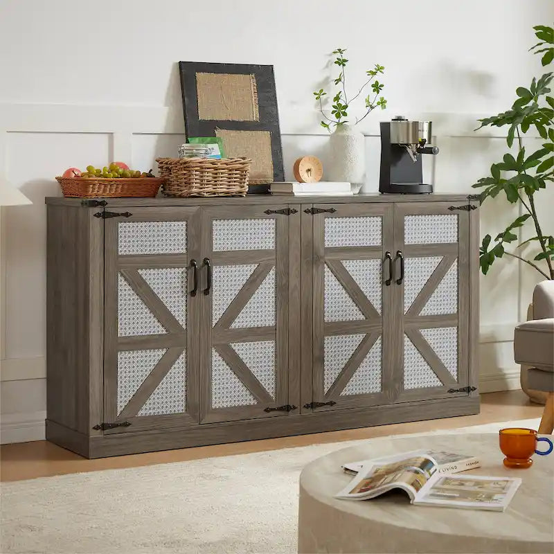 Rustic Faux Rattan Storage Cabinet