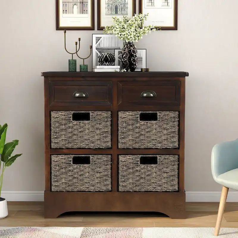 Rustic Storage Cabinet with Two Drawers and Four Classic Rattan Basket for Dining Room/Entryway/Living Room (Antique Navy)