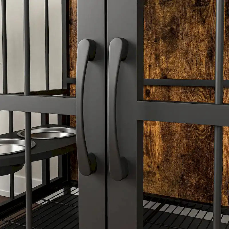 Kennel Dogs room up to 80 LB with Rremovable Ttray,2 Door Dog House,lift Panel,360 Degree Rotation,3 Height Adjustable Bowls