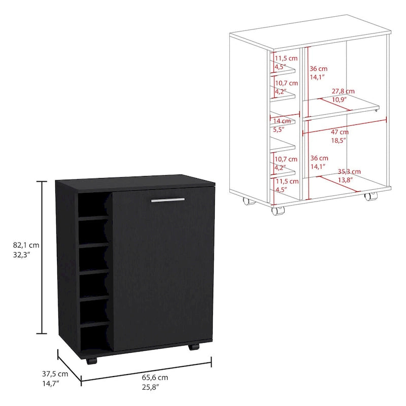 Wick Bar Cart with Integrated Wine Storage,Spacious Cabinet and Smooth Rollers