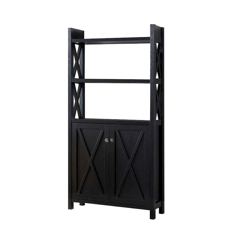 Crosshatch Display, Home Storage Cabinet with Two Top Shelves, Two Door Cabinet in Black