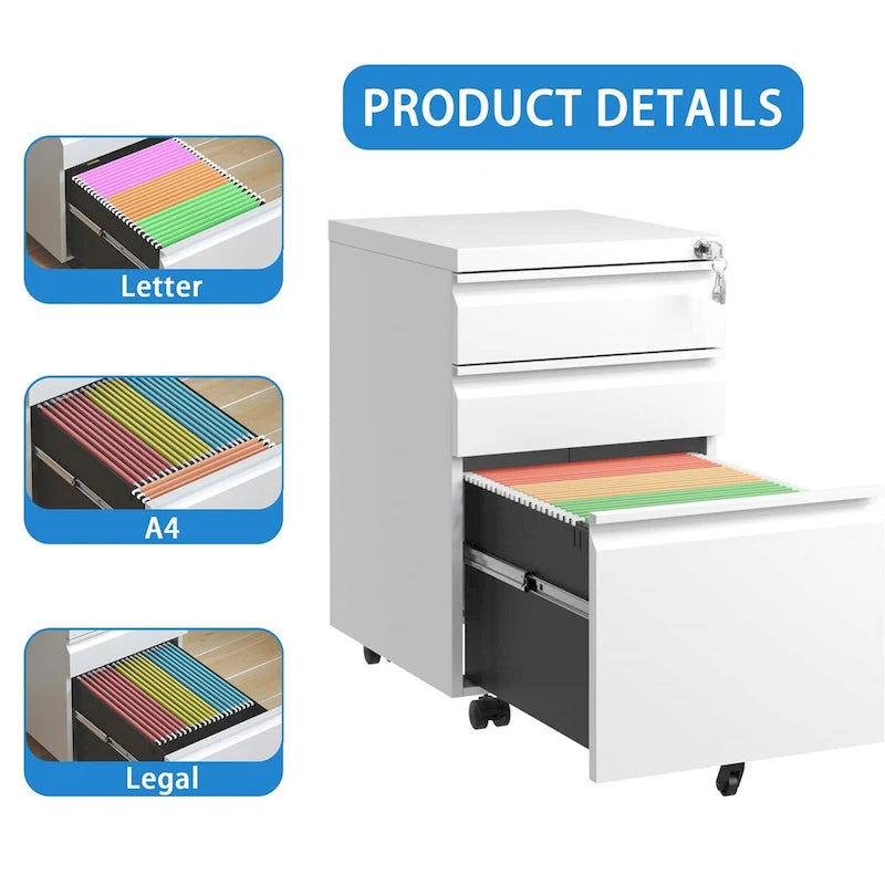 3 Drawer Mobile File Cabinet with Lock