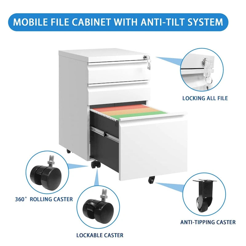 3 Drawer Mobile File Cabinet with Lock