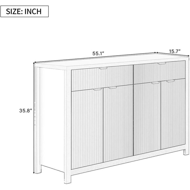 55 Modern Wave-Pattern Sideboard Cabinet Sofa Table with 2 Drawers and 4 Doors, 3-Level Adjustable Shelves