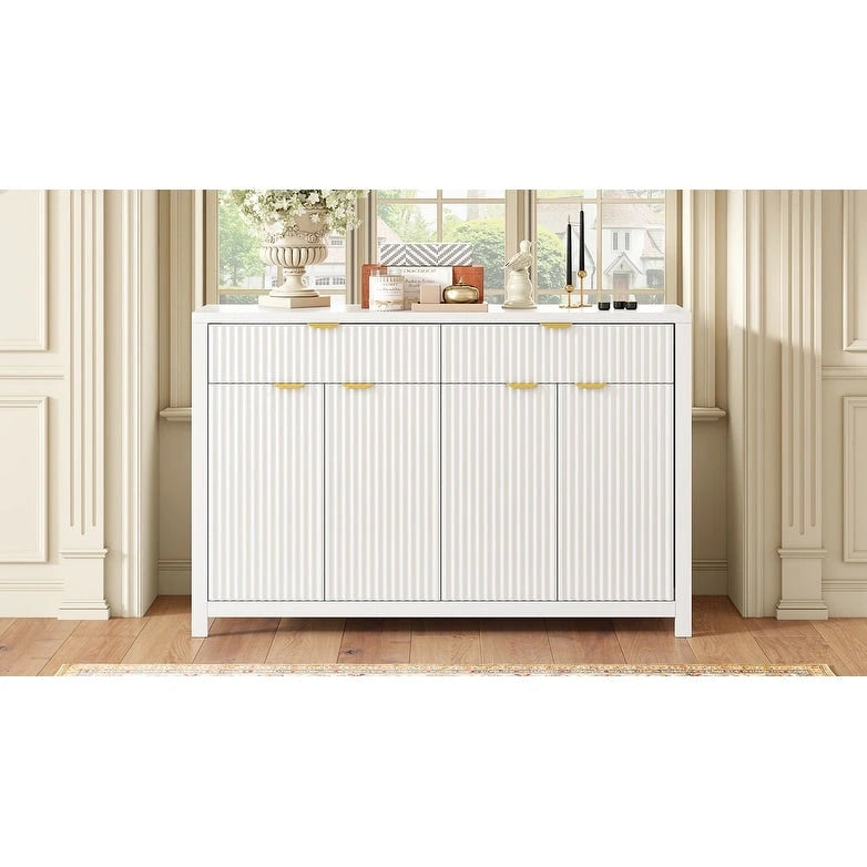 55 Modern Wave-Pattern Sideboard Cabinet Sofa Table with 2 Drawers and 4 Doors, 3-Level Adjustable Shelves