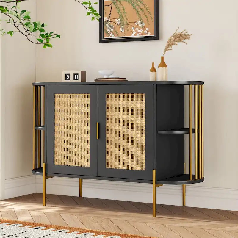 2-Door Elegant Curved Dining Cabinet with Gold Trim and Woven Rattan Doors for Dining Room