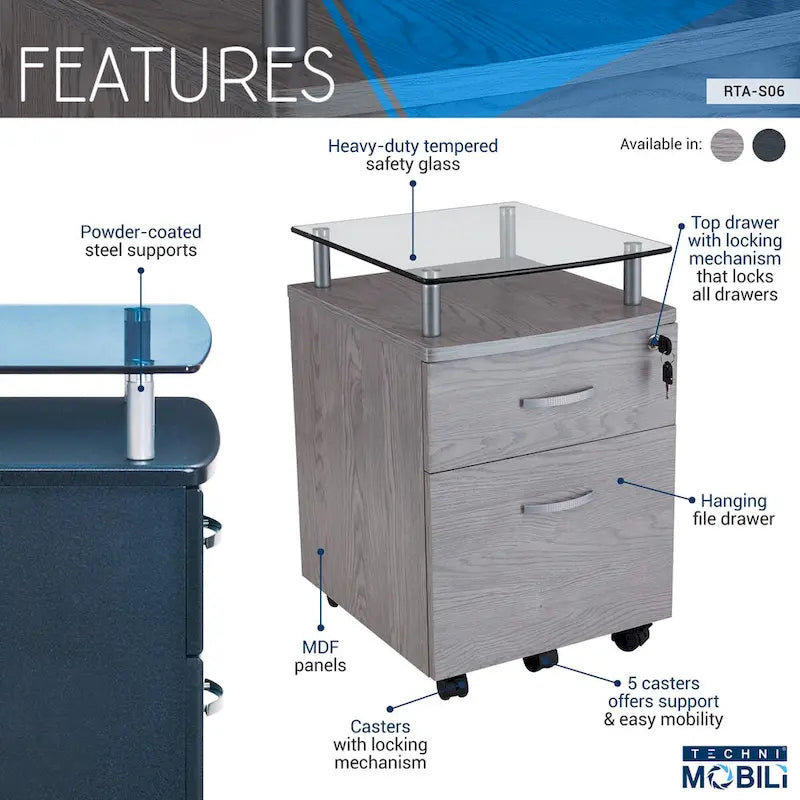Rolling File Cabinet with Glass Top, High quality and durable,Graphite