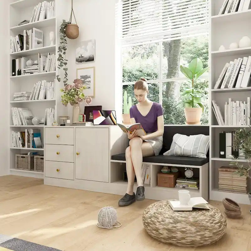 Modern White Shoe Storage Bench with Black Cushion and Adjustable Rack