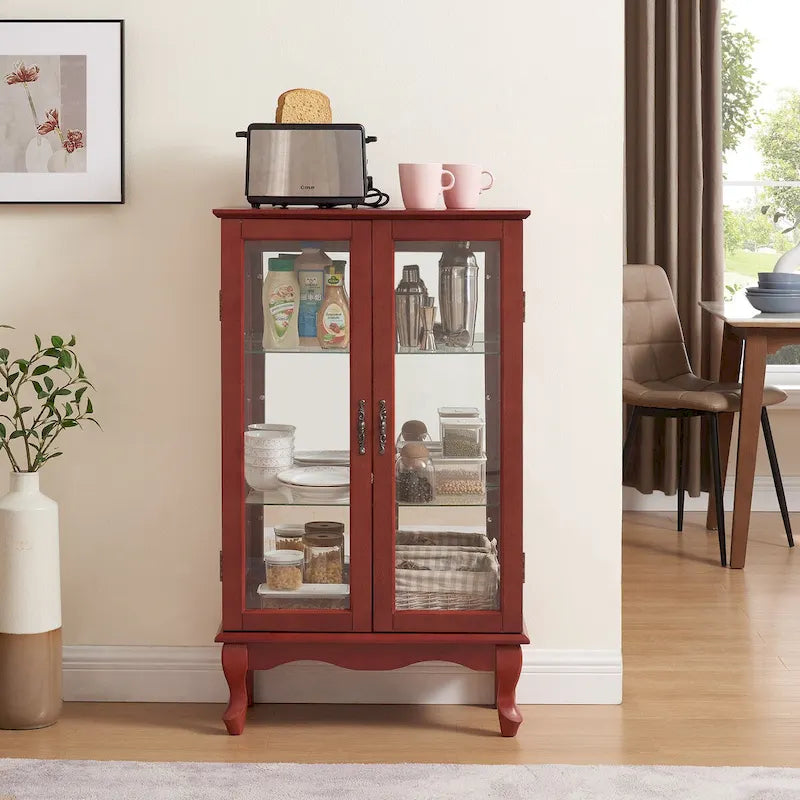 2 Doors Curio Cabinet with Tempered Glass Doors, Mirrored Back Panel and Adjustable Shelves, Office Light Bulb Included