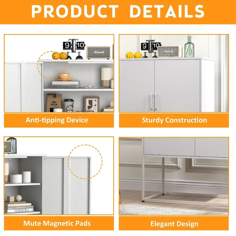 Heavy Duty Metal Buffet Sideboard Modern Steel Storage Cabinet with 2 Shelves, Free Standing