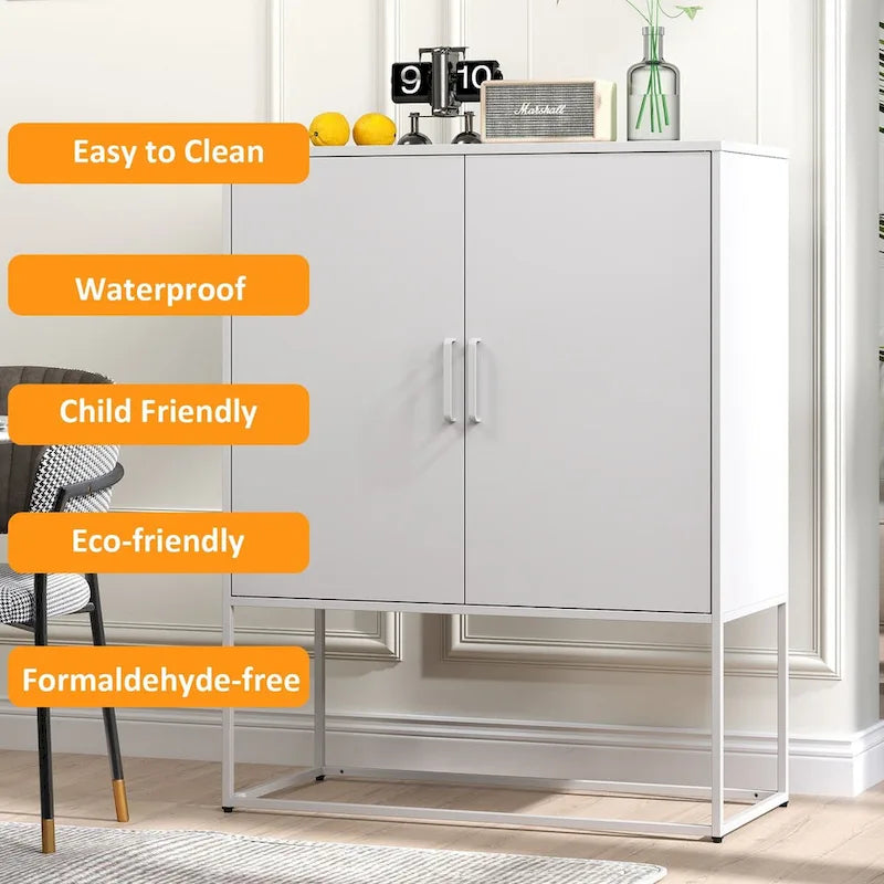Heavy Duty Metal Buffet Sideboard Modern Steel Storage Cabinet with 2 Shelves, Free Standing