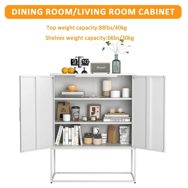 Heavy Duty Metal Buffet Sideboard Modern Steel Storage Cabinet with 2 Shelves, Free Standing