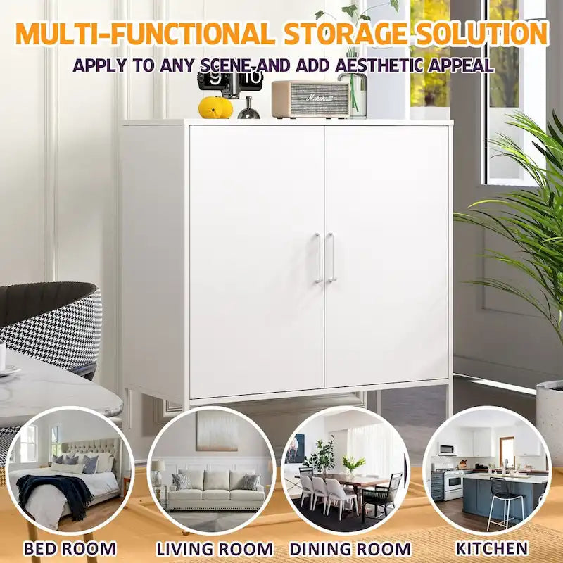 Heavy Duty Metal Buffet Sideboard Modern Steel Storage Cabinet with 2 Shelves, Free Standing