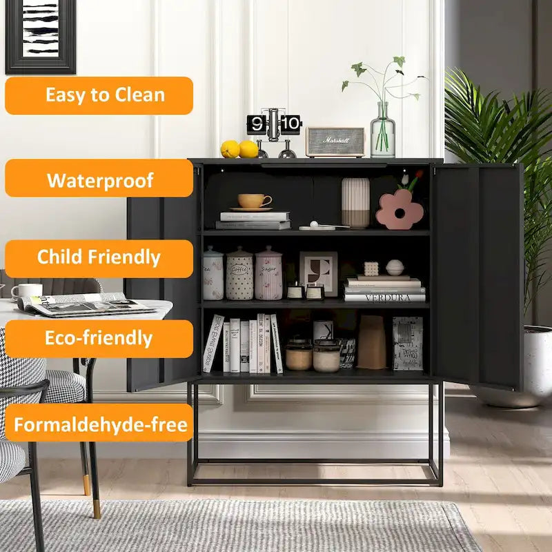Heavy Duty Metal Buffet Sideboard Modern Steel Storage Cabinet with 2 Shelves, Free Standing